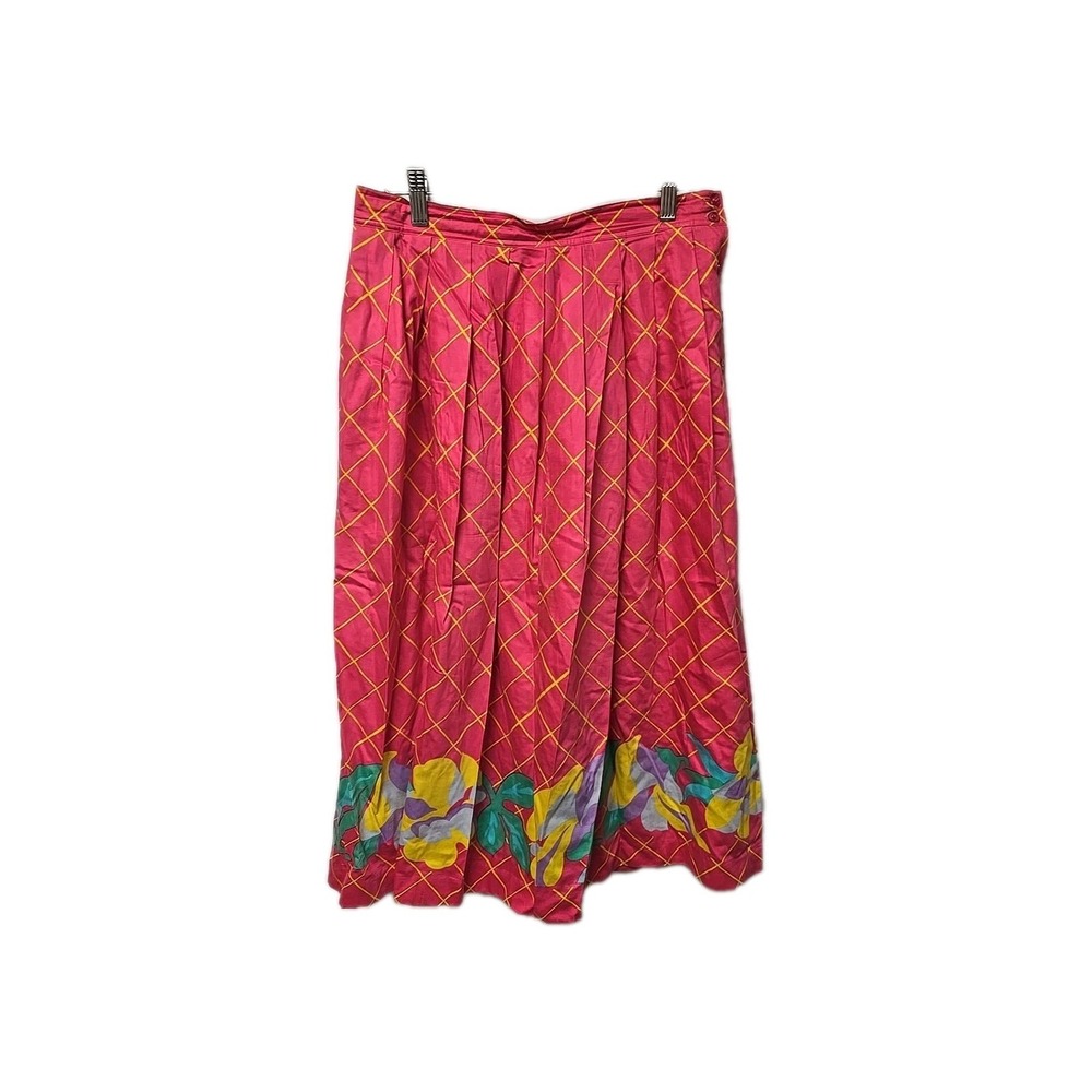 VTG 80s Segue‎ Pink Yellow Plaid Pleated Midi Skirt Floral Cotton Womens 14